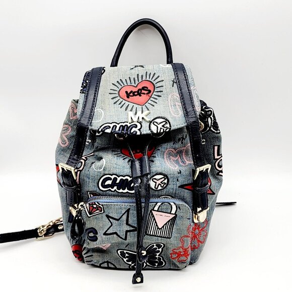 Michael Kors Beacon Backpack Bag Blue Denim Embellished Drawstring Hippie Love - Picture 3 of 16